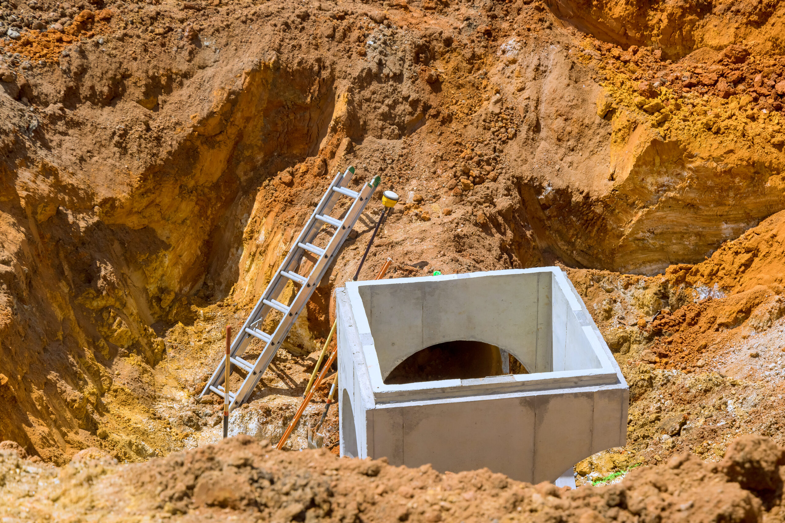 Installation of drainage concrete collectors manhole,well sewer system inside for rain water underground at a construction site.